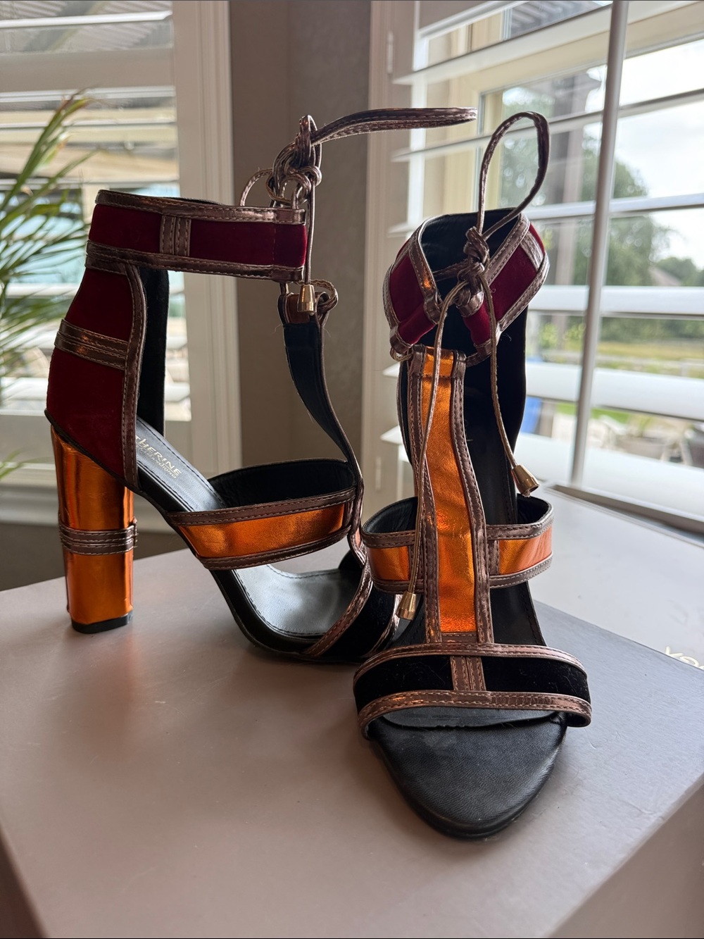 CATHERINE MALANDRINO Metallic Orange, Burgundy & black Block Heel Sandal NWOT